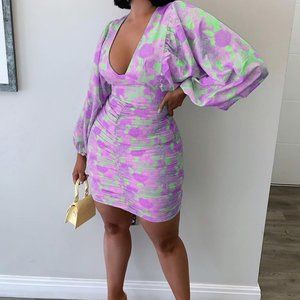 Floral Pattern Print Lantern Sleeve Ruched Bodycon